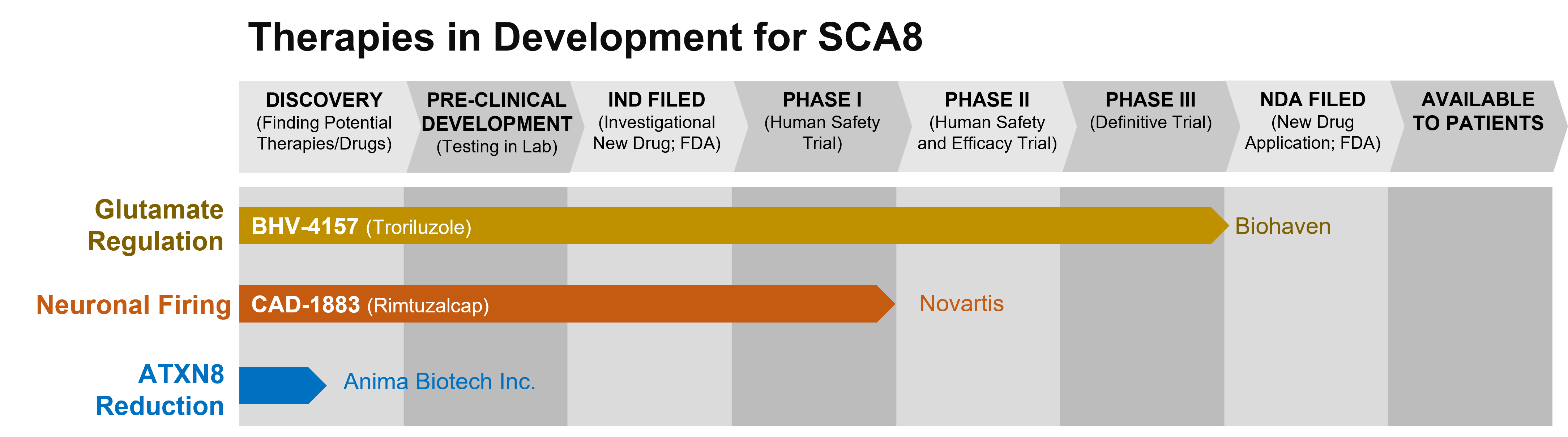 Graph depicting the phase of drug development for various drugs to treat SCA8