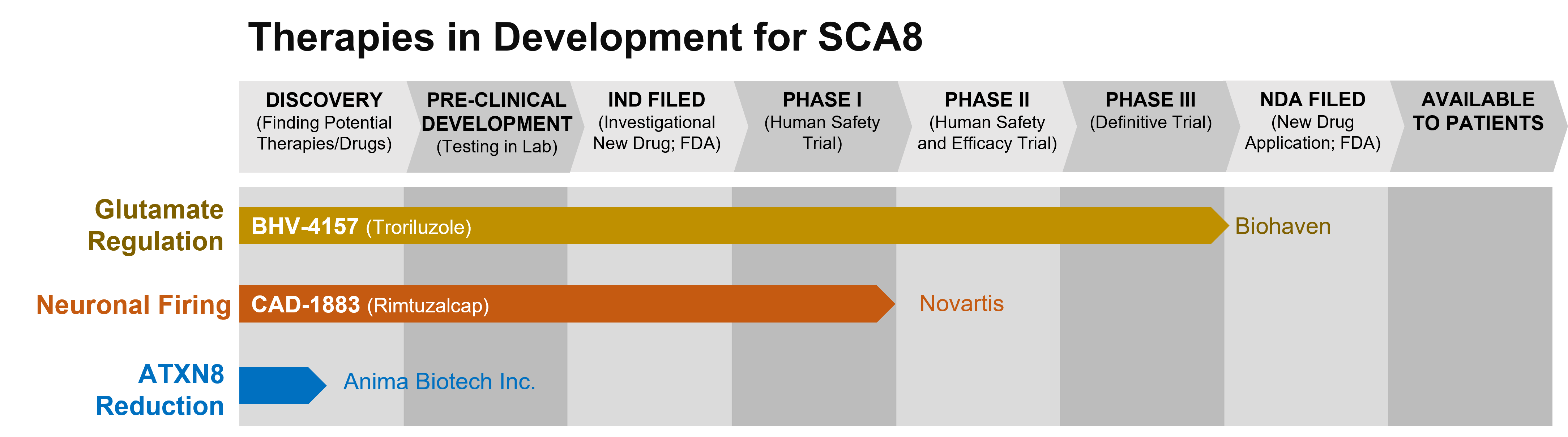 Graph depicting the phase of drug development for various drugs to treat SCA8