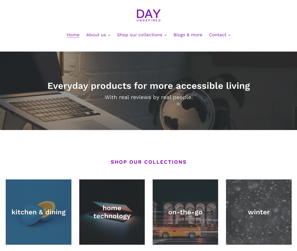 Home page of the Day Undefined website, with the heading "Everyday products for more accessible living".