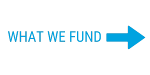 Graphic depicting the words "What we fund" with a blue arrow