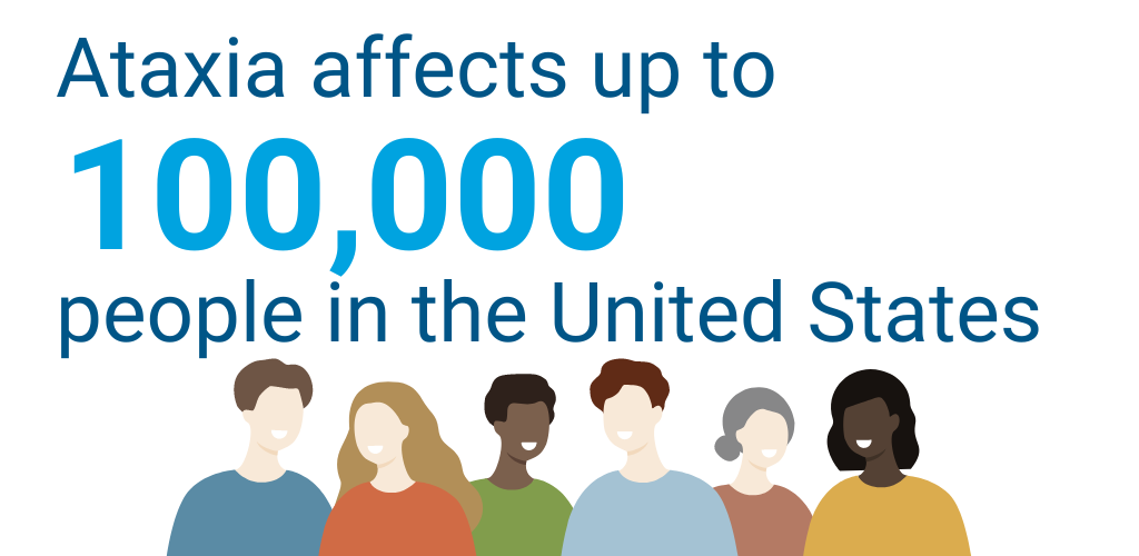 Graphic image depicting a diverse group of people. Image includes text that says "Ataxia effects up to 100,000 people in the United States."