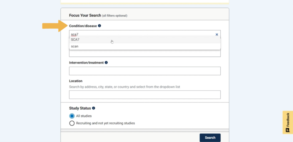 Screenshot of the ClinicalTrials.Gov search fields.