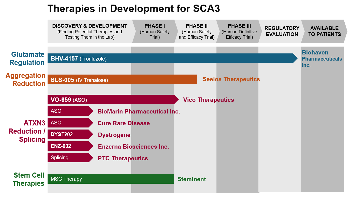 Graph depicting the phase of drug development for various drugs to treat SCA3